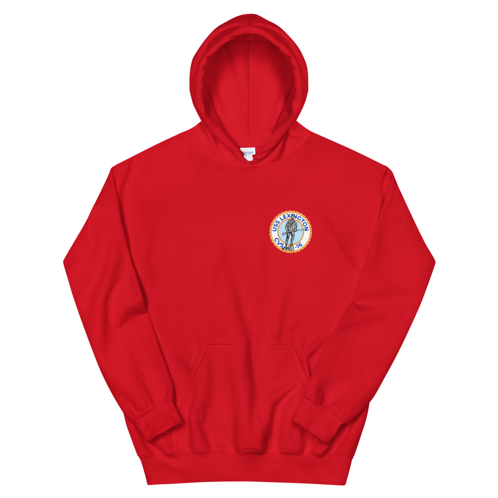 USS Lexington (CVS-16) Ship's Crest Hoodie – front view, red