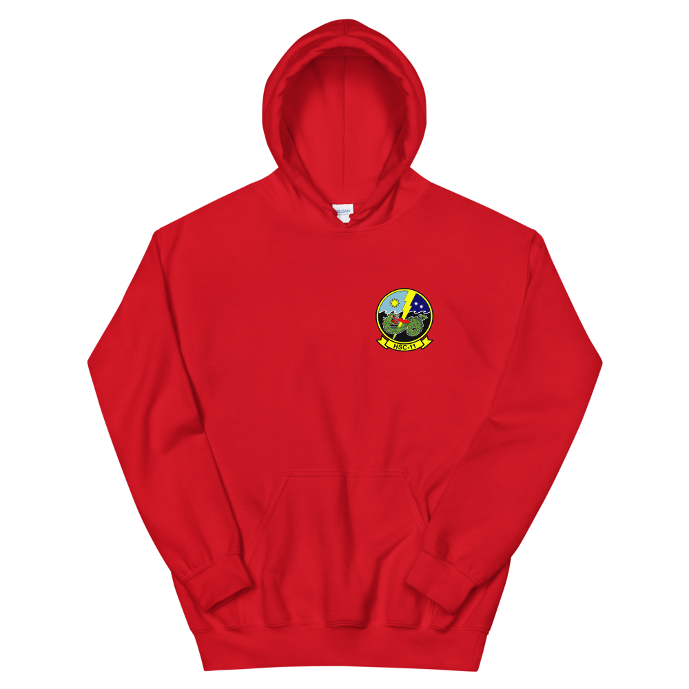 HSC-11 Dragonslayers Squadron Crest Unisex Hoodie – front view, red