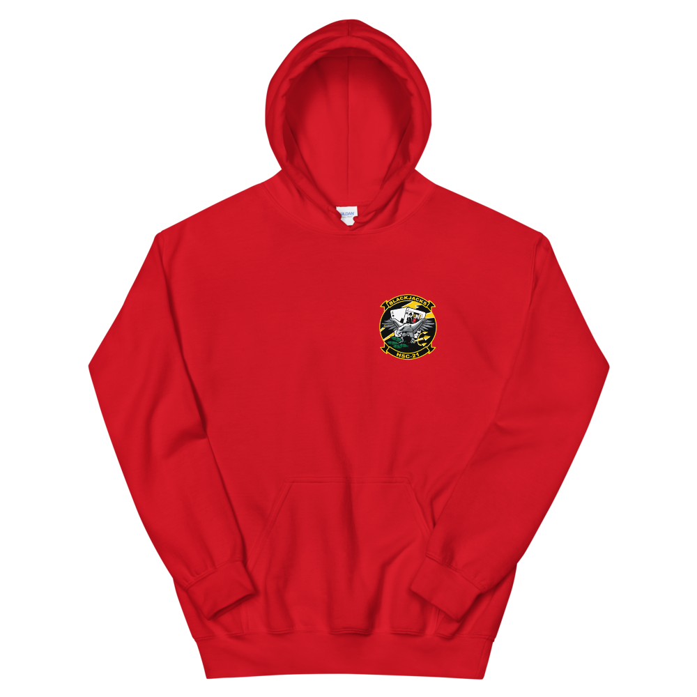 HSC-21 Blackjacks Squadron Crest Unisex Hoodie – front view, red