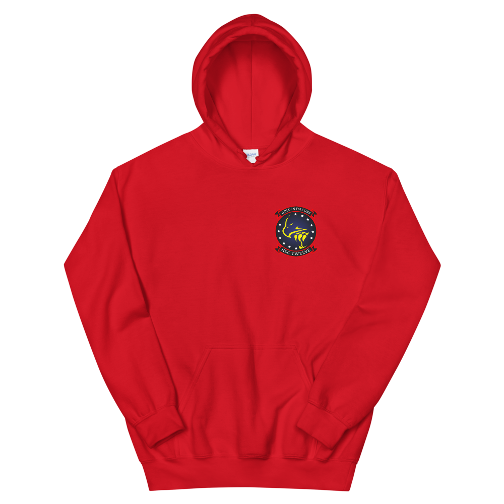 HSC-12 Golden Falcons Squadron Crest Unisex Hoodie – front view, red