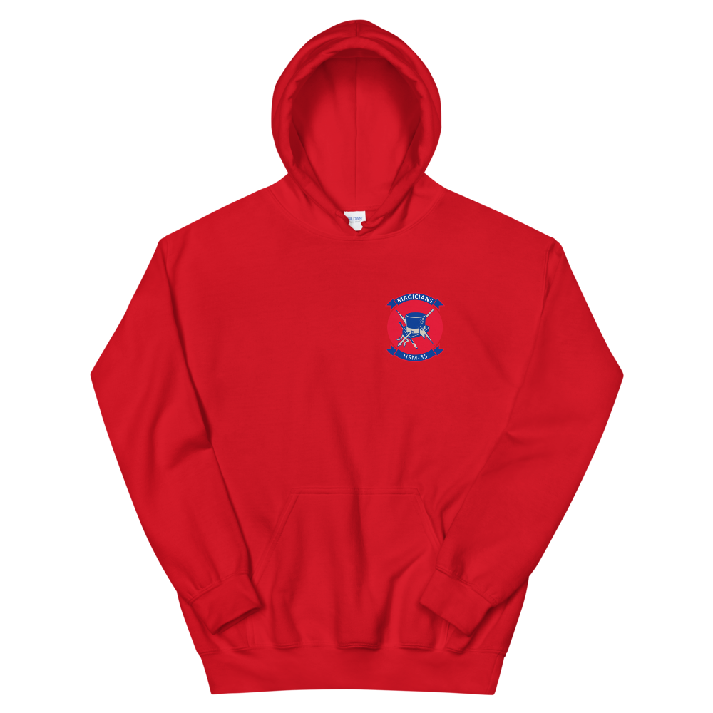 HSM-35 Magicians Squadron Crest Unisex Hoodie – front view, red