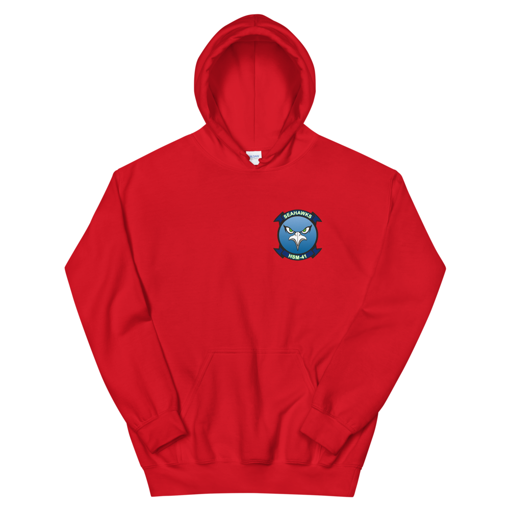 HSM-41 Seahawks Squadron Crest Unisex Hoodie – front view, red