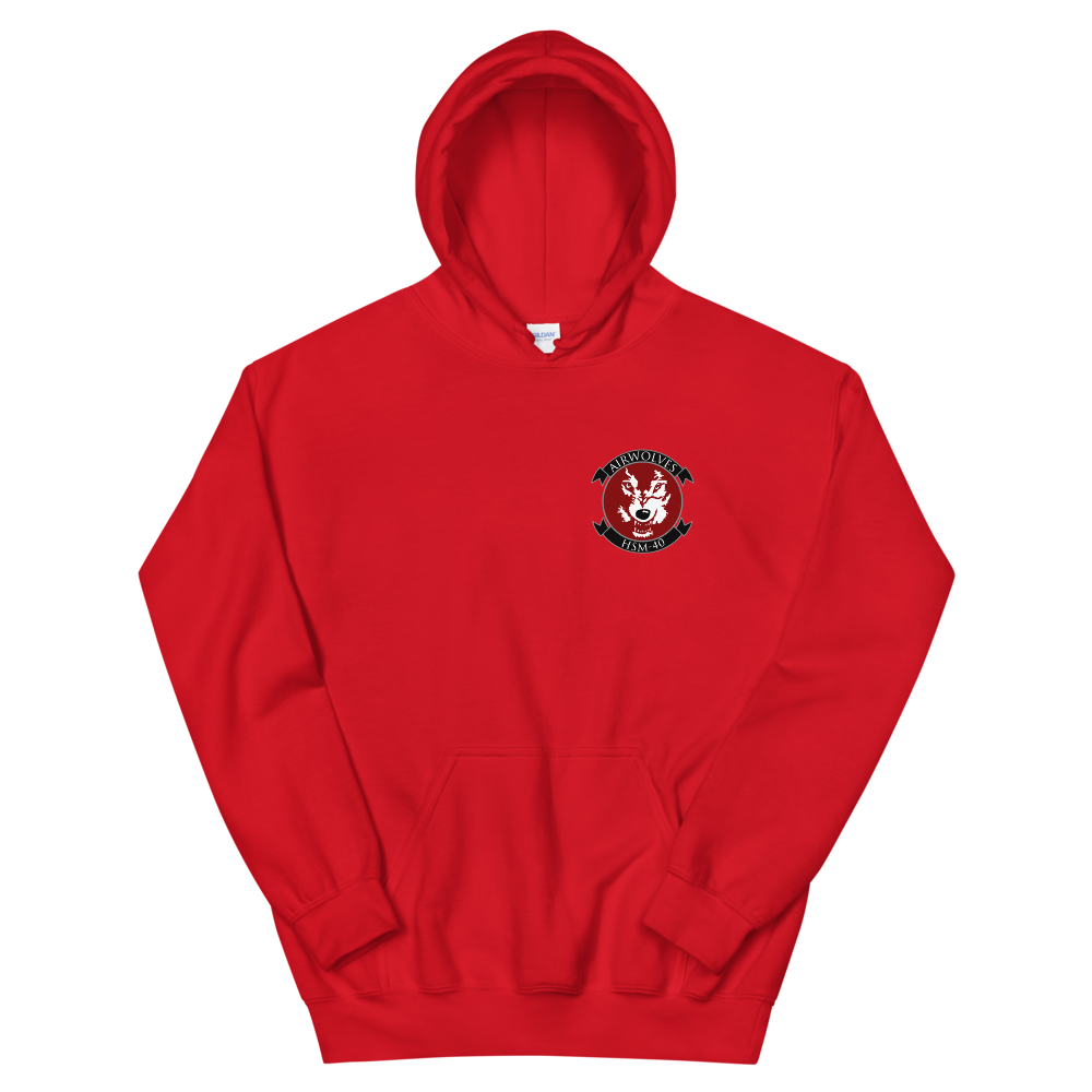 HSM-40 Airwolves Squadron Crest Unisex Hoodie – front view, red