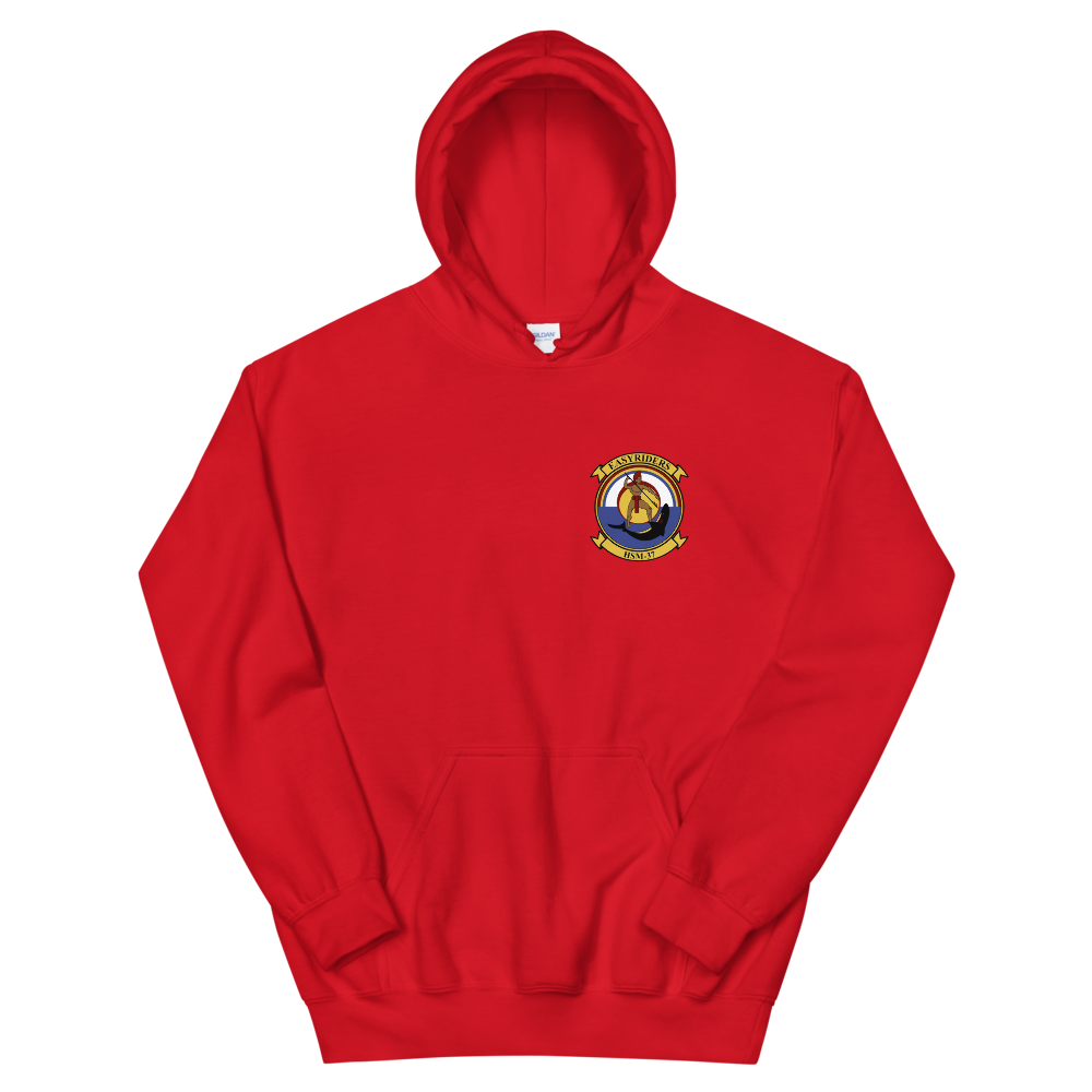 HSM-37 Easy Riders Squadron Crest Unisex Hoodie – front view, red