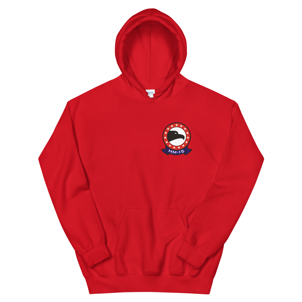 HM-15 Blackhawks Squadron Crest Unisex Hoodie – front view, red