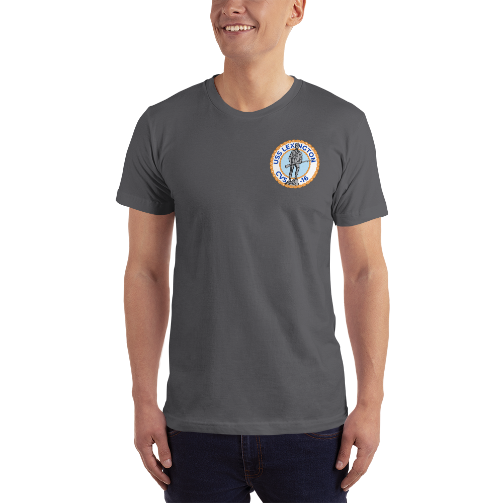 USS Lexington (CVS-16) Ship's Crest T-Shirt – front view, asphalt
