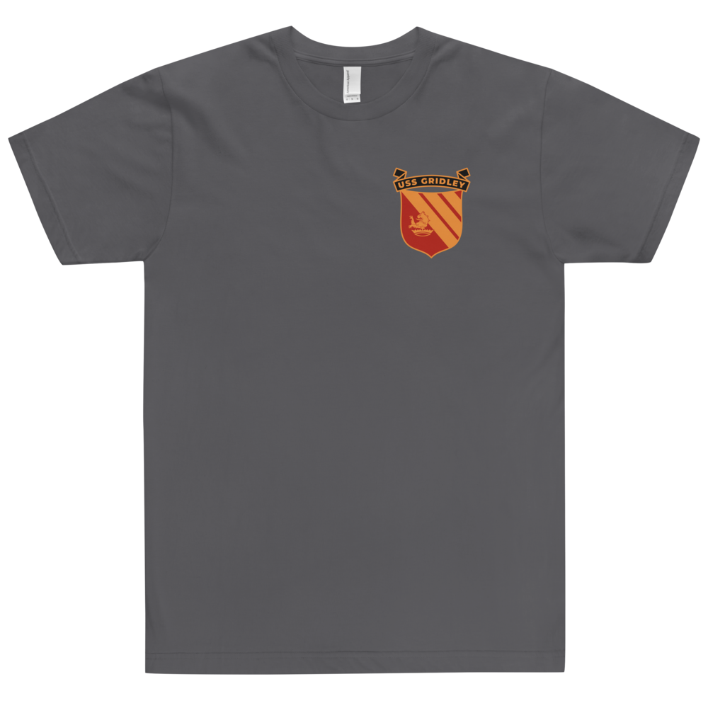 USS Gridley (CG-21) Ship's Crest T-Shirt – front view, asphalt