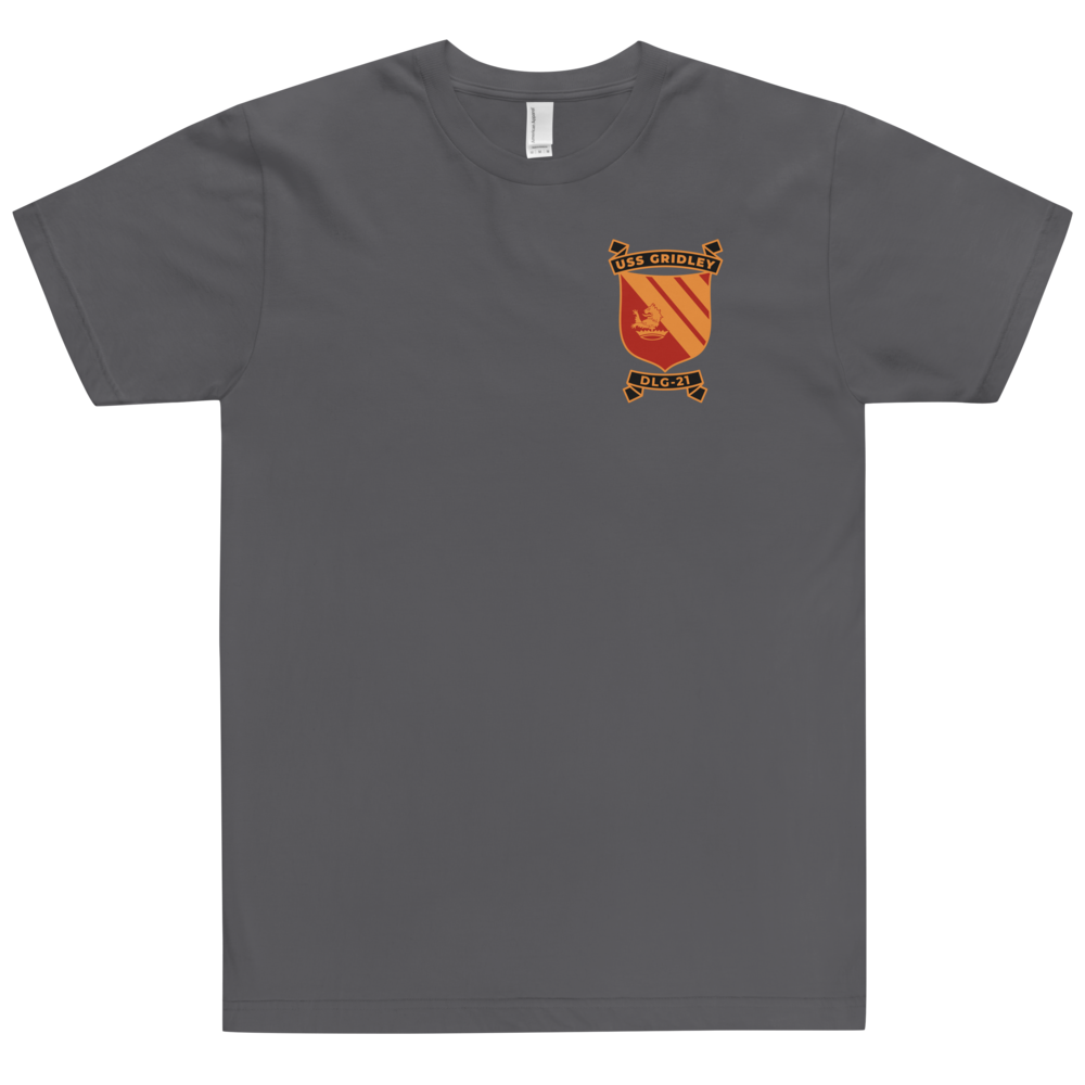 USS Gridley (DLG-21) Ship's Crest T-Shirt – front view, asphalt