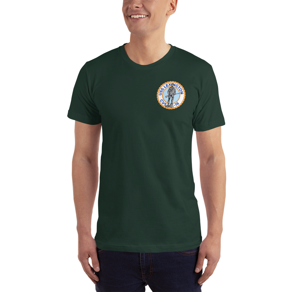 USS Lexington (CVS-16) Ship's Crest T-Shirt – front view, forest