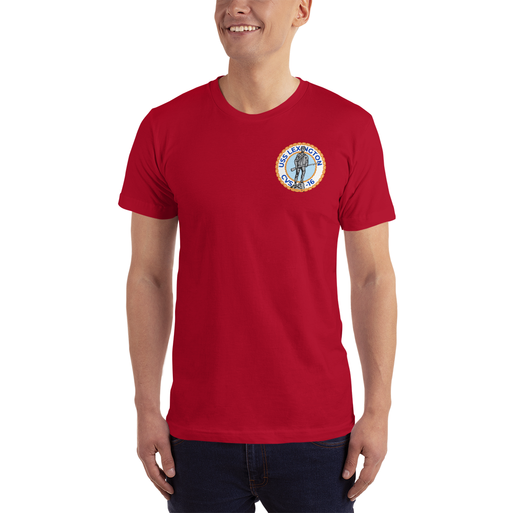 USS Lexington (CVS-16) Ship's Crest T-Shirt – front view, red