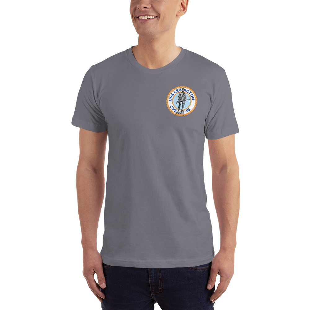 USS Lexington (CVS-16) Ship's Crest T-Shirt – front view, slate