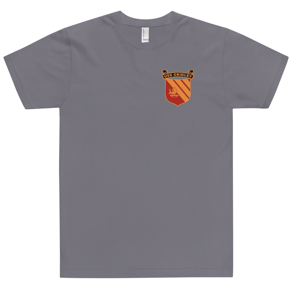 USS Gridley (CG-21) Ship's Crest T-Shirt – front view, slate