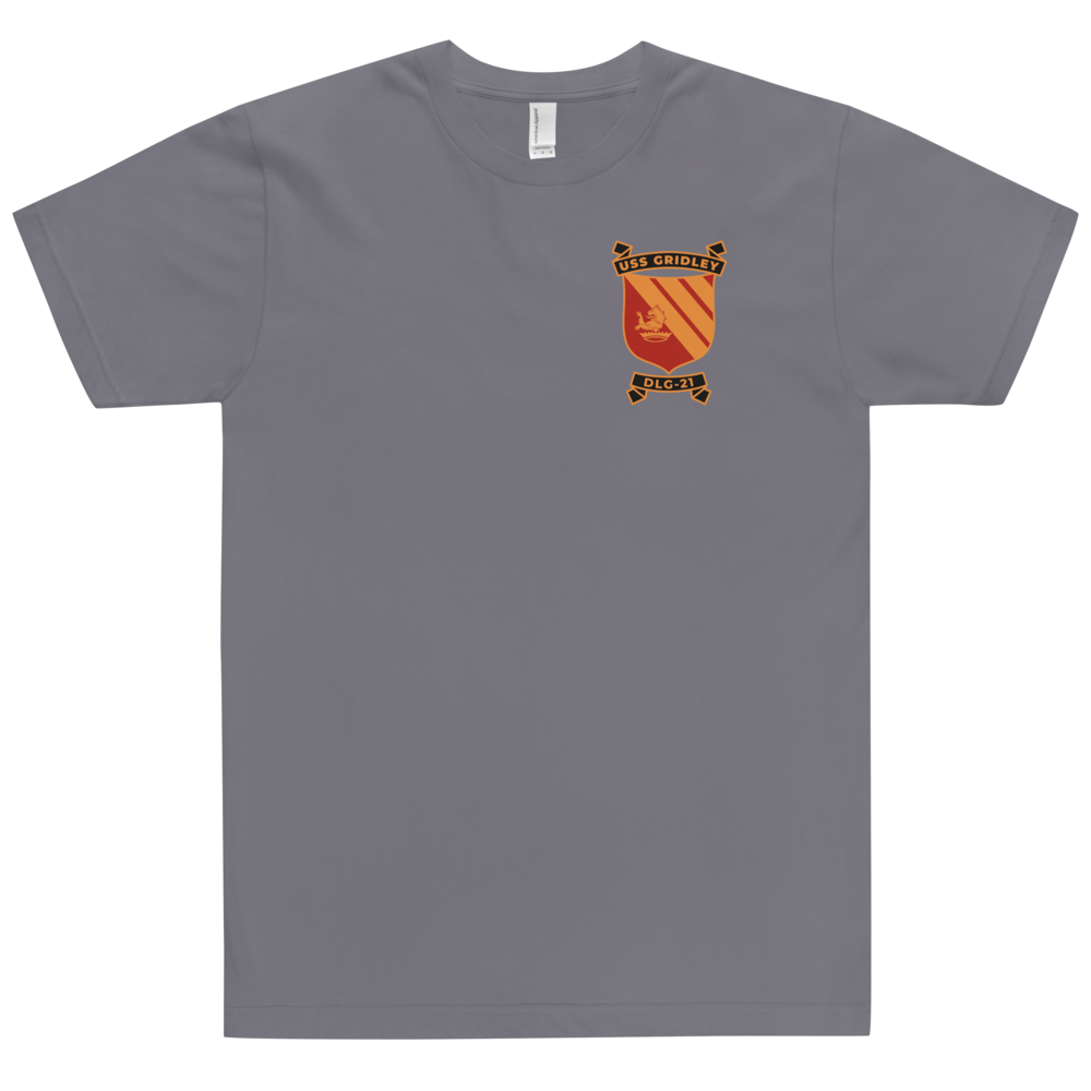 USS Gridley (DLG-21) Ship's Crest T-Shirt – front view, slate