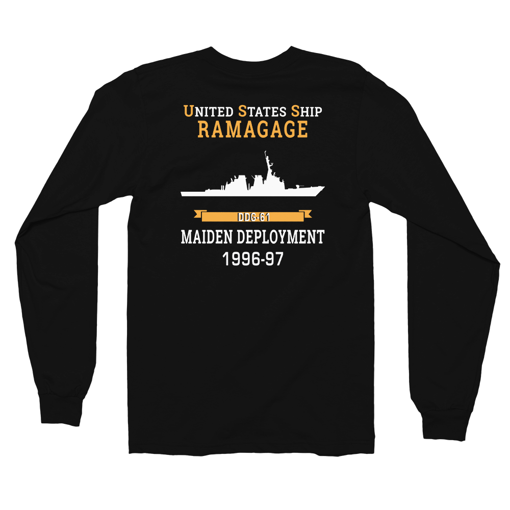 USS Ramage (DDG-61) 1996-97 MAIDEN DEPLOYMENT Long Sleeve T-Shirt – back view, black