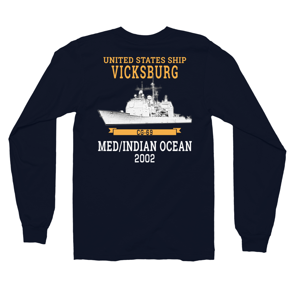 USS Vicksburg (CG-69) 2002 MED/IO Long Sleeve T-Shirt – back view, navy