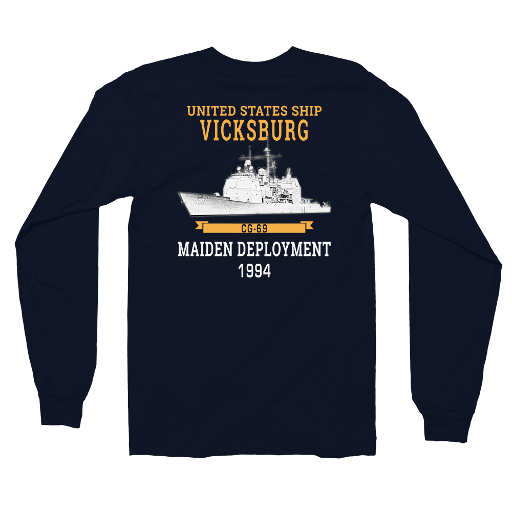 USS Vicksburg (CG-69) 1994 Maiden Deployment Long Sleeve T-Shirt – back view, navy
